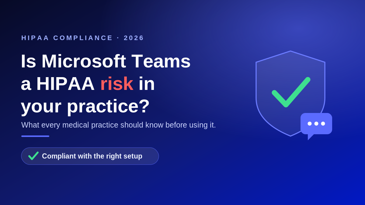 Is Microsoft Teams HIPAA compliant? Shield with green check mark and chat bubble on a blue gradient background.