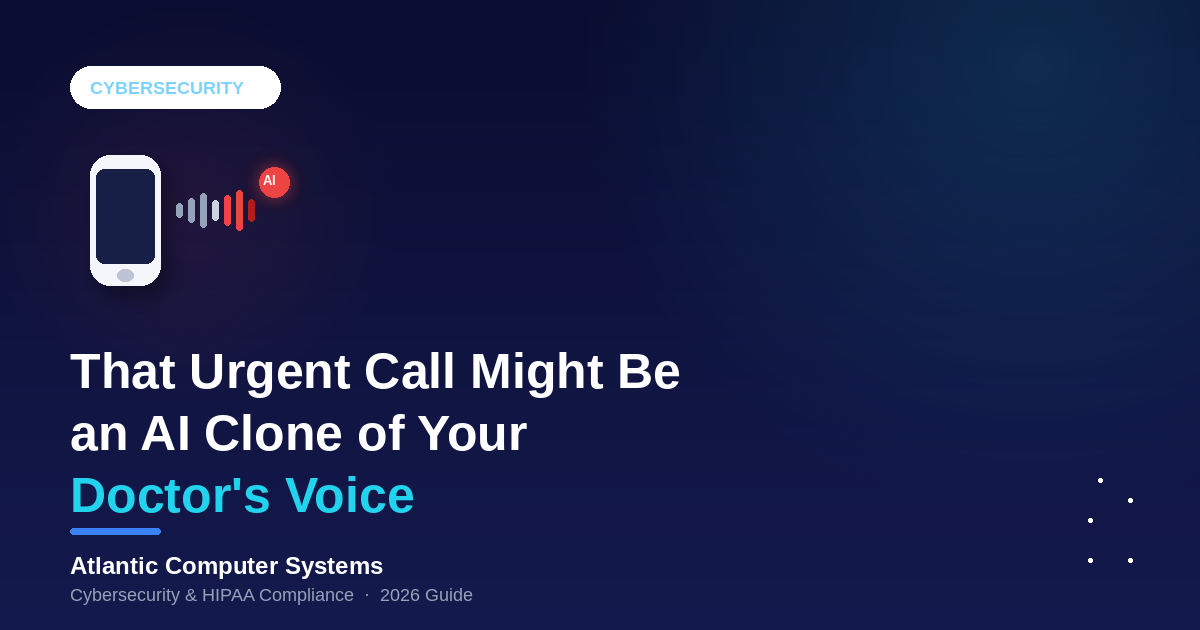 Illustration of a phone call soundwave turning into a red AI-cloned voice signal, representing AI voice cloning and vishing attacks targeting healthcare practices