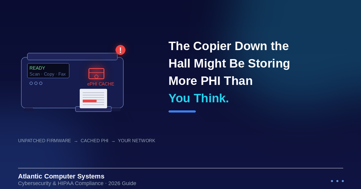 Illustration of an office copier with a glowing red hard drive icon labeled ePHI cache, representing stored patient data on unpatched print devices — Atlantic Computer Systems 2026 HIPAA guide.