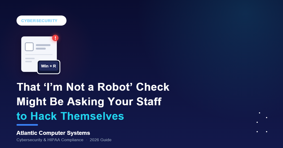 Fake "I'm not a robot" CAPTCHA checkbox asking for a Windows+R keyboard shortcut, with a red alert badge, representing the ClickFix fake CAPTCHA scam targeting medical practice staff and patients