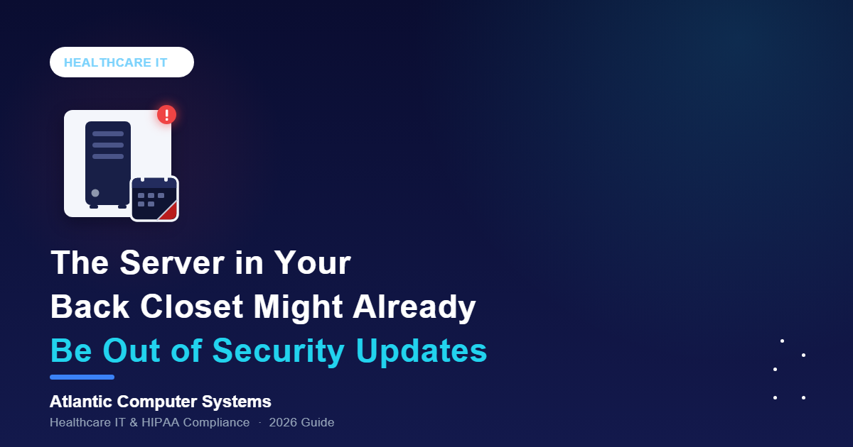 Flat illustration of an office server tower with a grey, unlit status light and a red alert badge, representing a Windows Server 2016 or SQL Server 2016 system in a medical practice that no longer receives security updates
